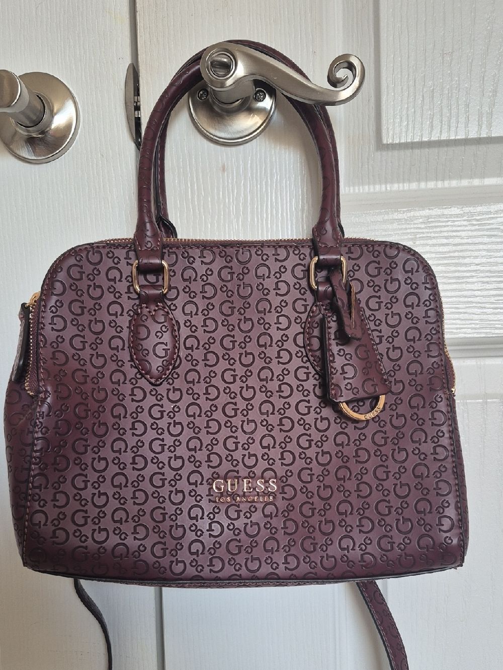 GUESS Burgundy Monogram Satchel with Gold Hardware